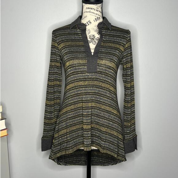 Laila Jayde (XS) Shimmer Stripe Collar Long Sleeve High Low Metallic Knit Top - Picture 9 of 9